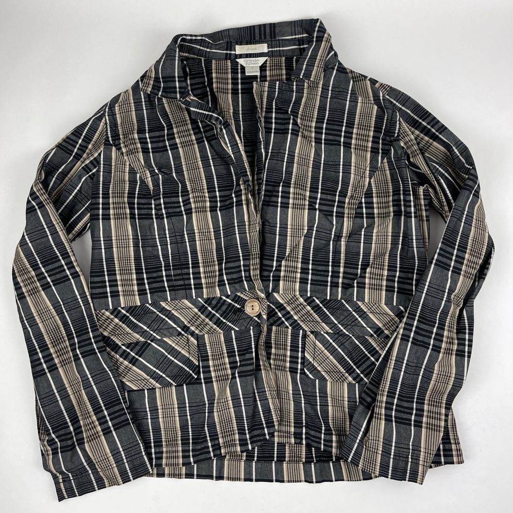 Christopher & Banks Button Up Shirt Womens Large Stretch Black Tan Plaid